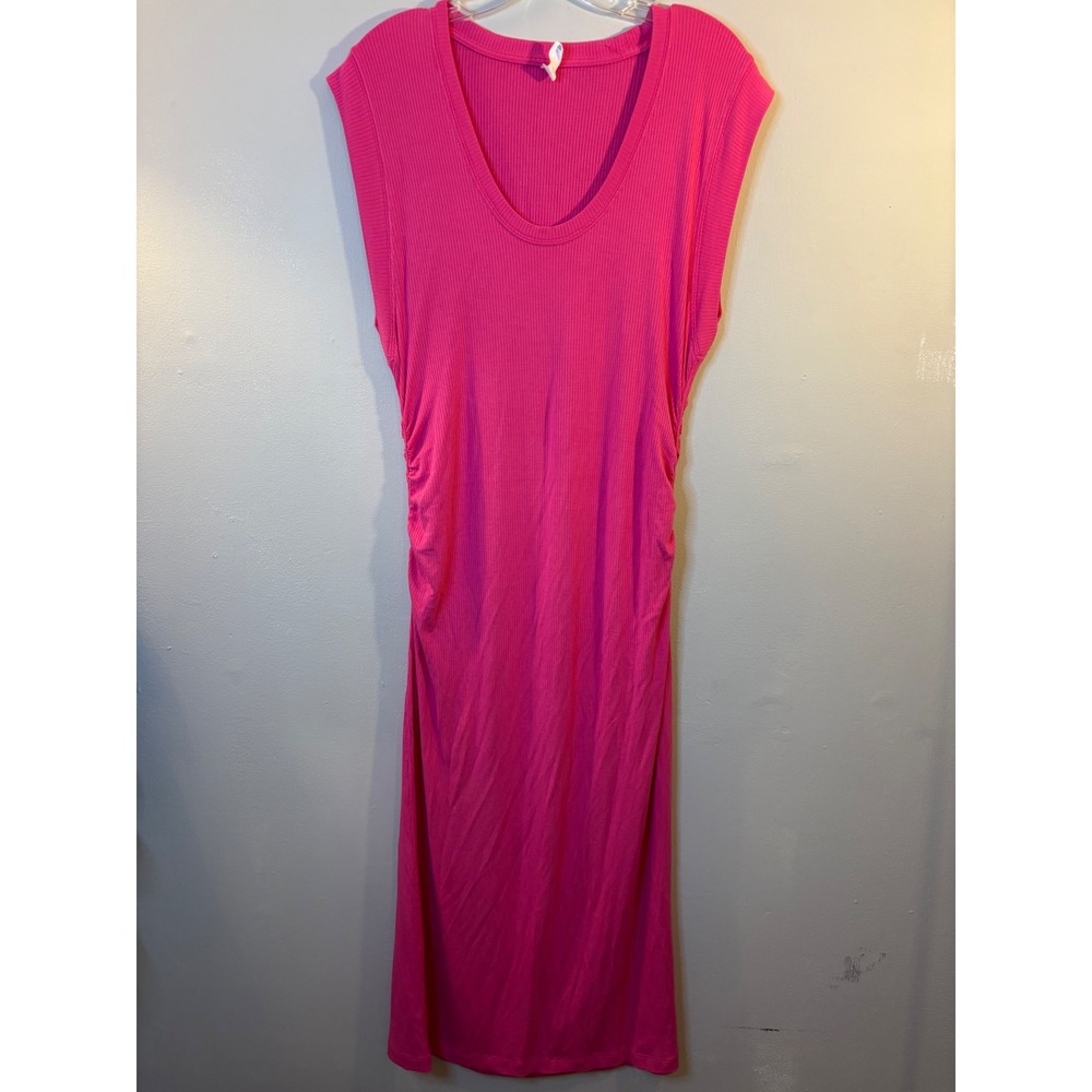 Anthropologie Daily Practice Hot Pink Ribbed Ruched Midi‎ Dress L